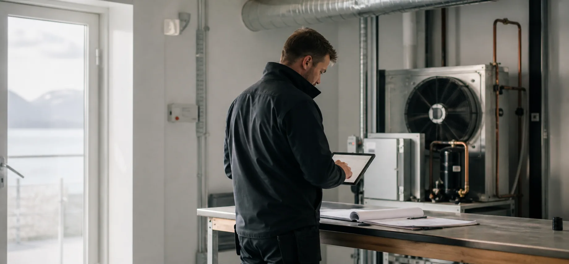 Tekniker som dokumenterar kontrollarbete vid kyl- och ventilationsutrustning.